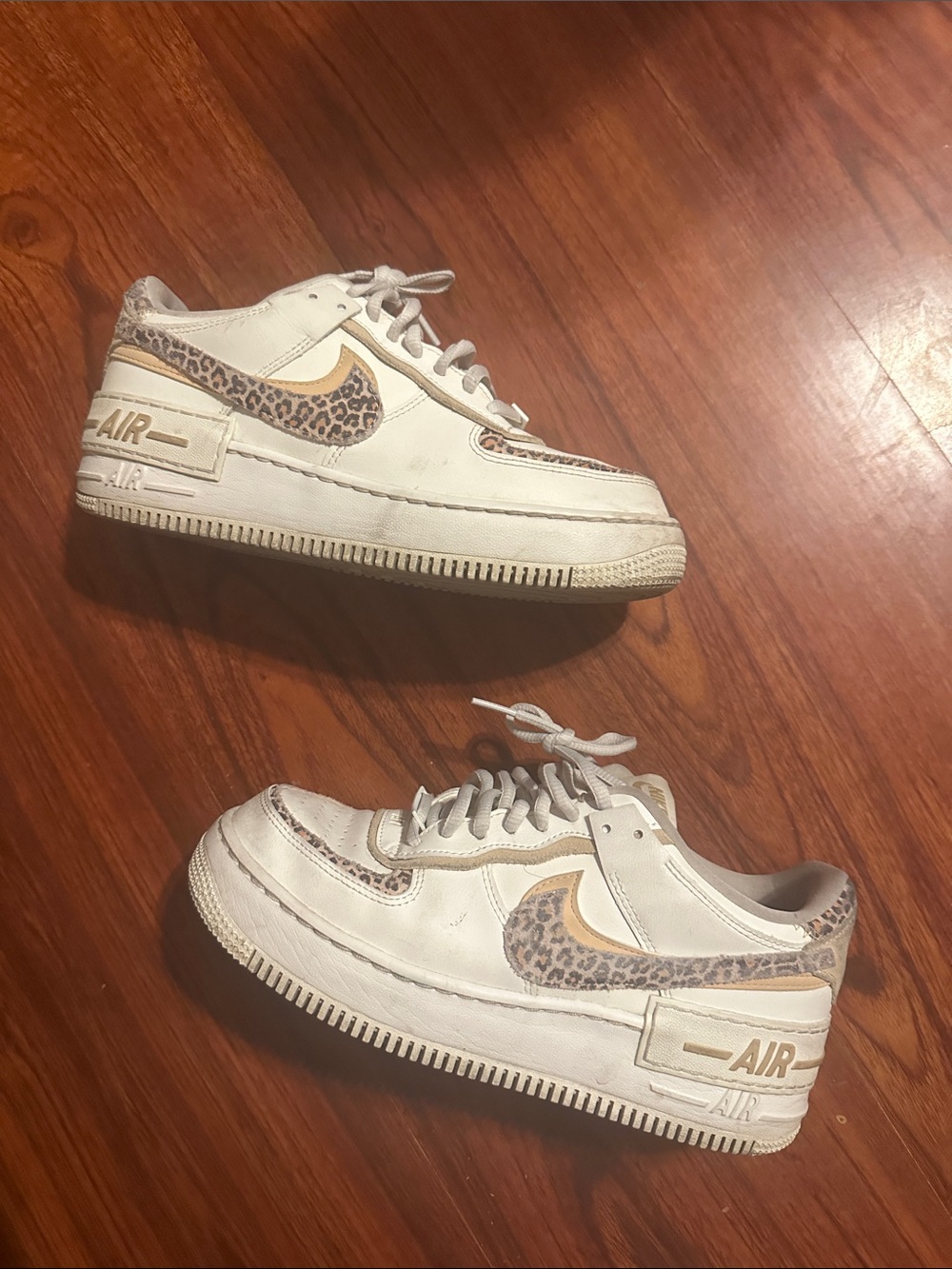 Nike Women’s White Sneakers with Tan & Leopard Swoosh